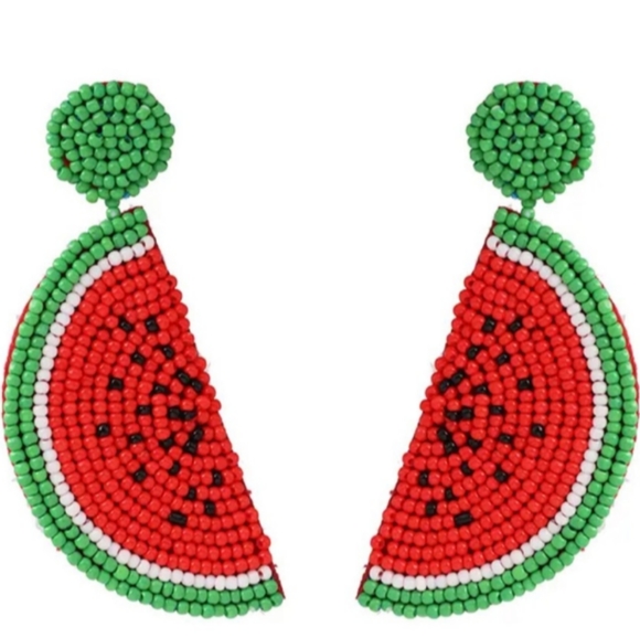 Long 3" Watermelon Slices Cute Handmade Green Red Beaded Post Festival Earrings - Picture 3 of 5